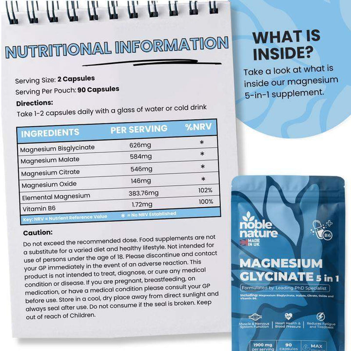 5 in 1 Magnesium Glycinate Formulated by PhD Expert 5 in 1 High Strength Capsules - 1900mg per serving - Supports Muscle Function, Tiredness, Sleep, Energy, Bones & Nervous System - Vitamin B6 - Healthcare supplement - Optimum Dietary - Capsule Gummy Manufacturer