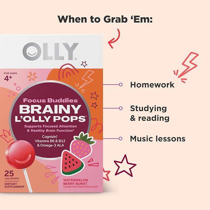 Focus Buddies L’OLLY Pops, Omega-3 ALA, B6, B12, Cognizin®, Kids Supplement Lollipops to Supports Focused Attention & Healthy Brain Function, Vegetarian, Watermelon Strawberry, 25 Count - Capsule Gummy Manufacturer